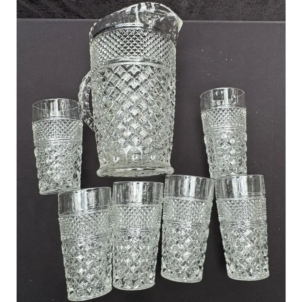 Anchor Hocking Wexford Diamond Cut Glass Vintage Pitcher & 6 Glasses EUC -8/28